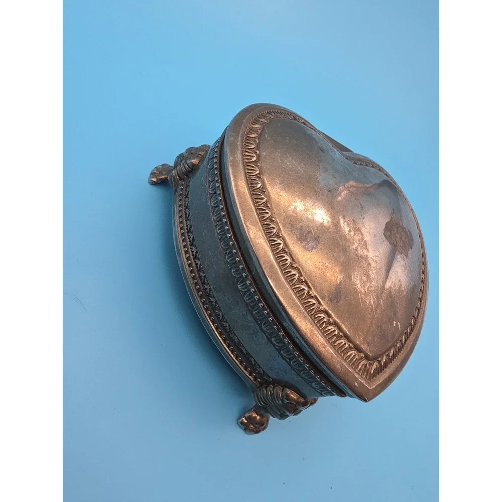 Vintage Silver Plate Jewelry Trinket Box Blue Velvet Lion Head 4